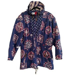 Vintage 80s Obermeyer Multicolor Patterned Boho Western Hooded Jacket Size 14